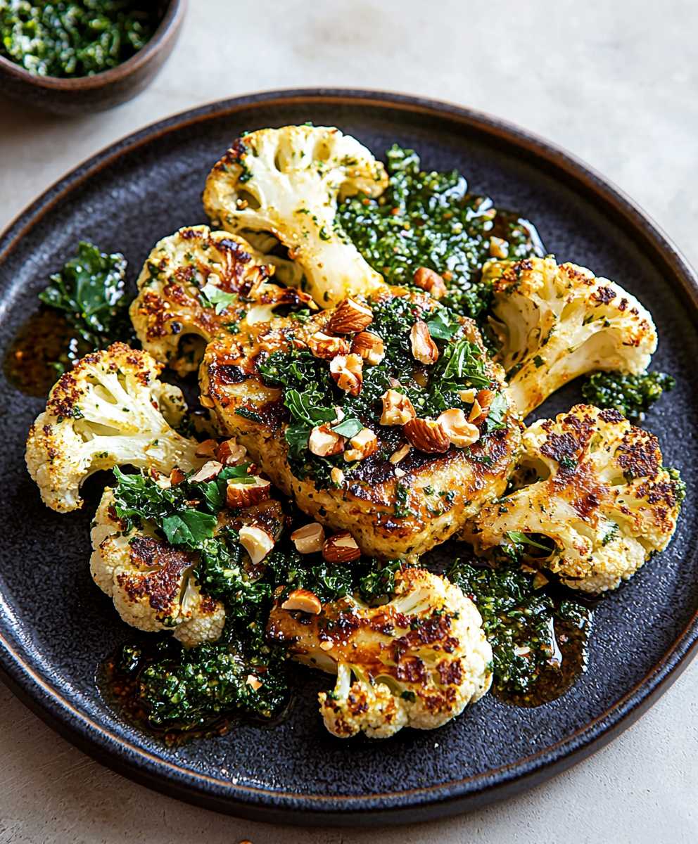 Steak chou fleur pesto noix