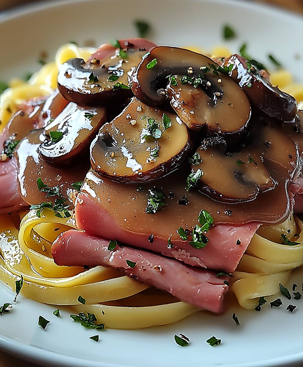 Jambon sauce madère champignons tagliatelles
