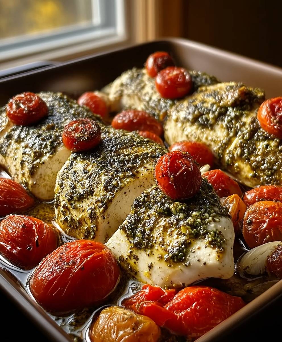 Poulet crémeux pesto tomates rôties