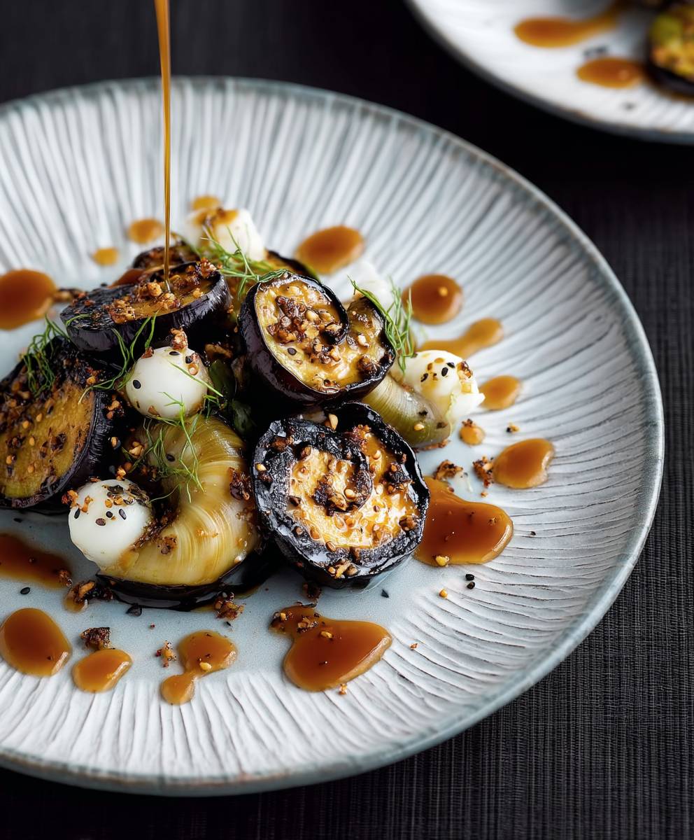 Salade escargots aubergines caramel soja