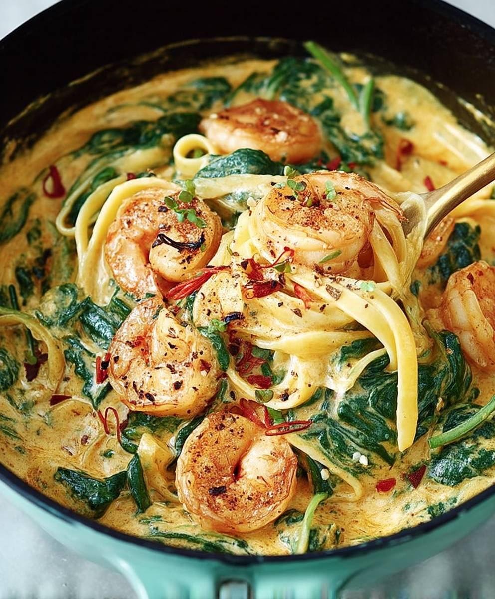 Pâtes crevettes sauce crémeuse épinards