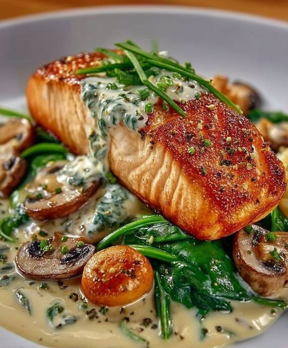 Saumon crème ail épinards champignons