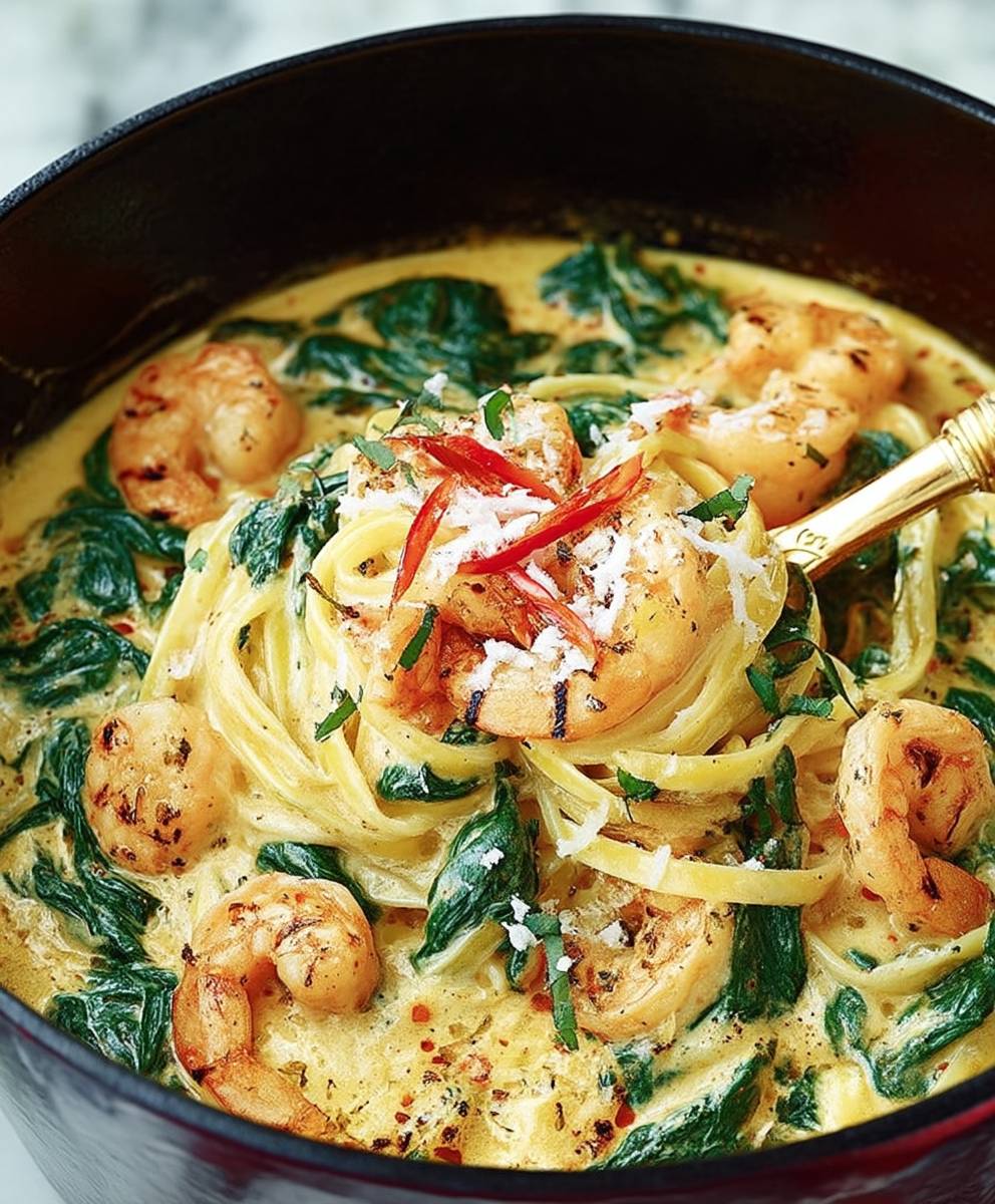 Pâtes crevettes sauce crémeuse épinards