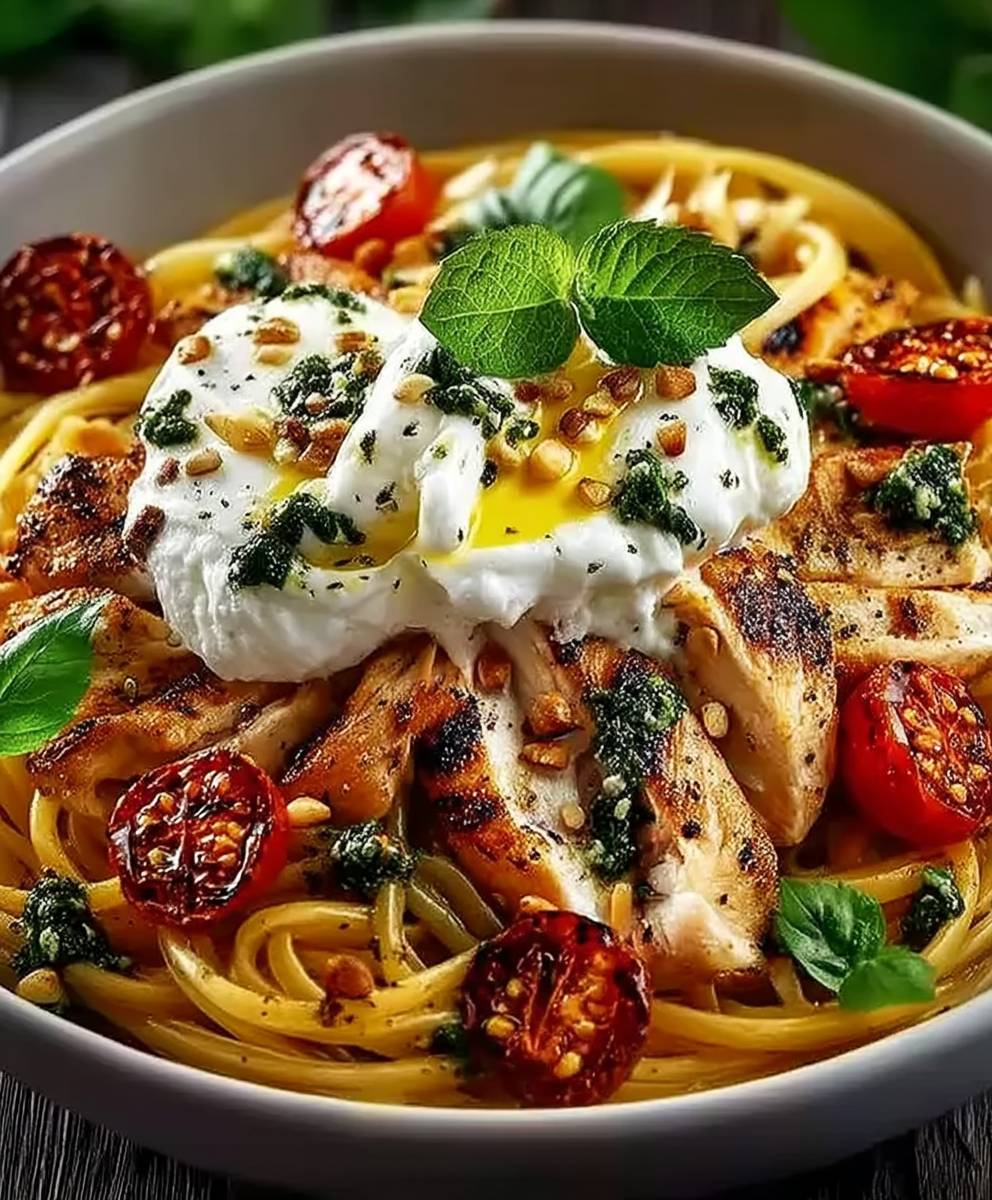 Spaghetti poulet burrata sauce citron