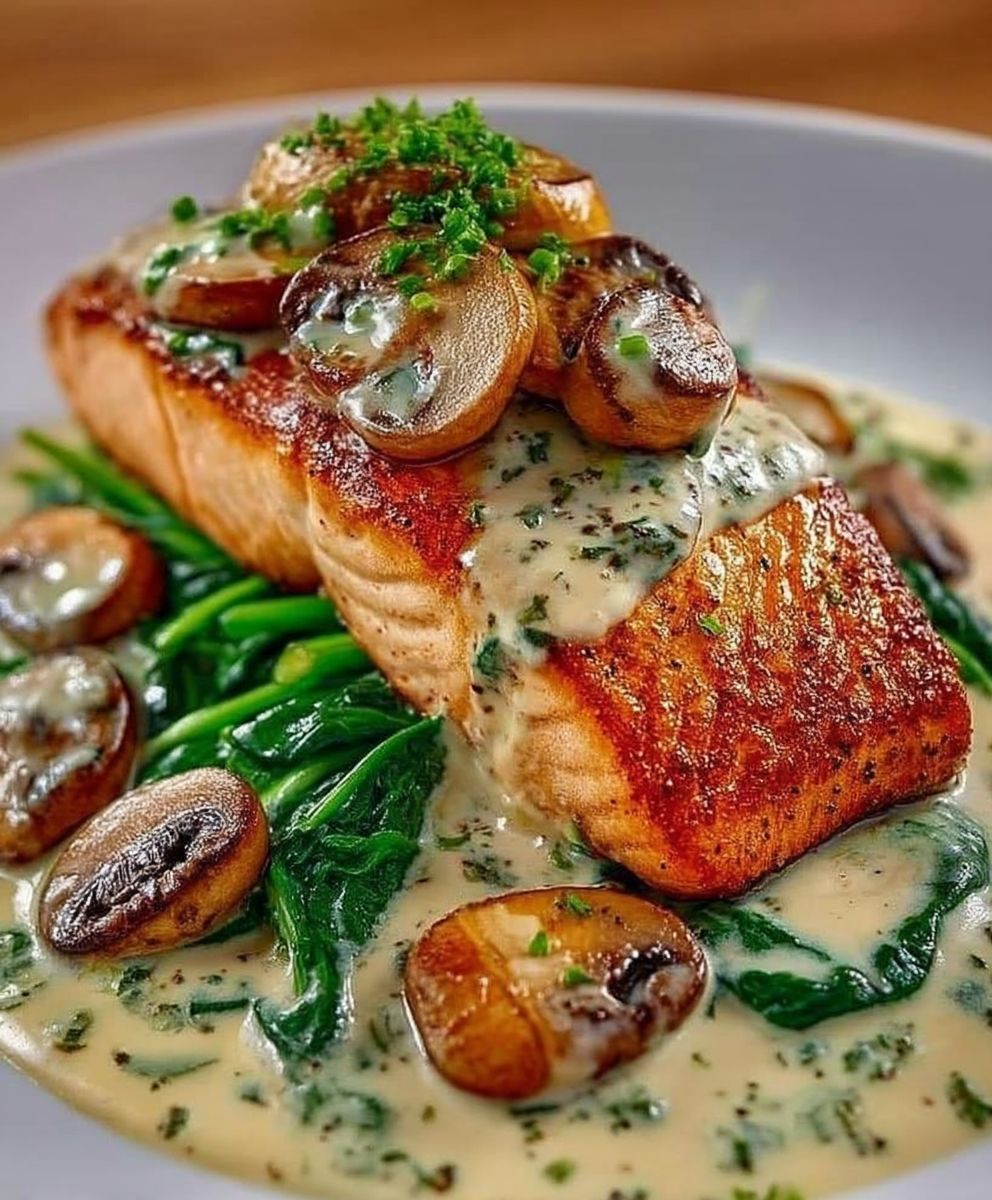 Saumon crème ail épinards champignons