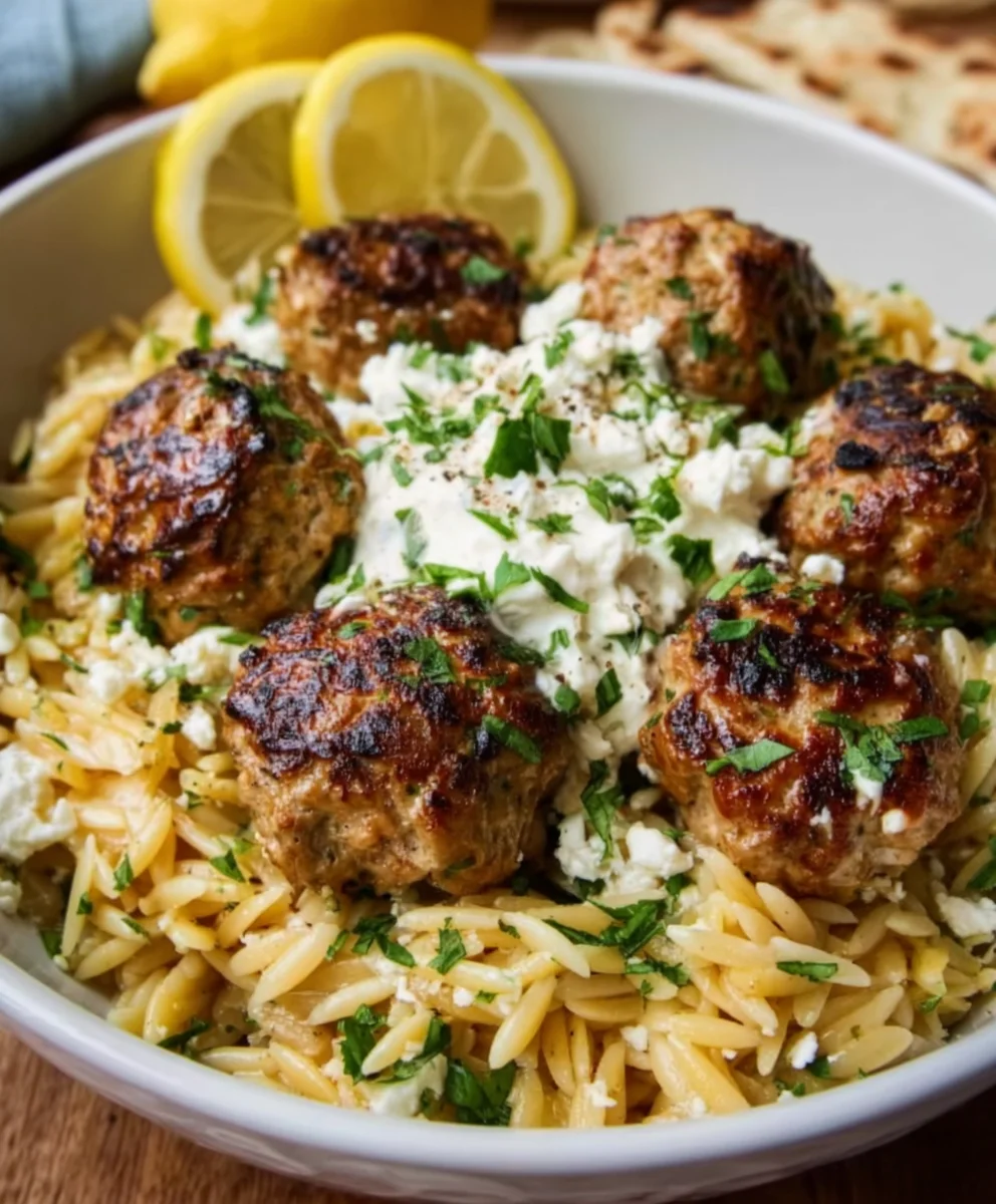 Boulettes Grecques au Bœuf, Orzo Citronné & Crème Feta Divine