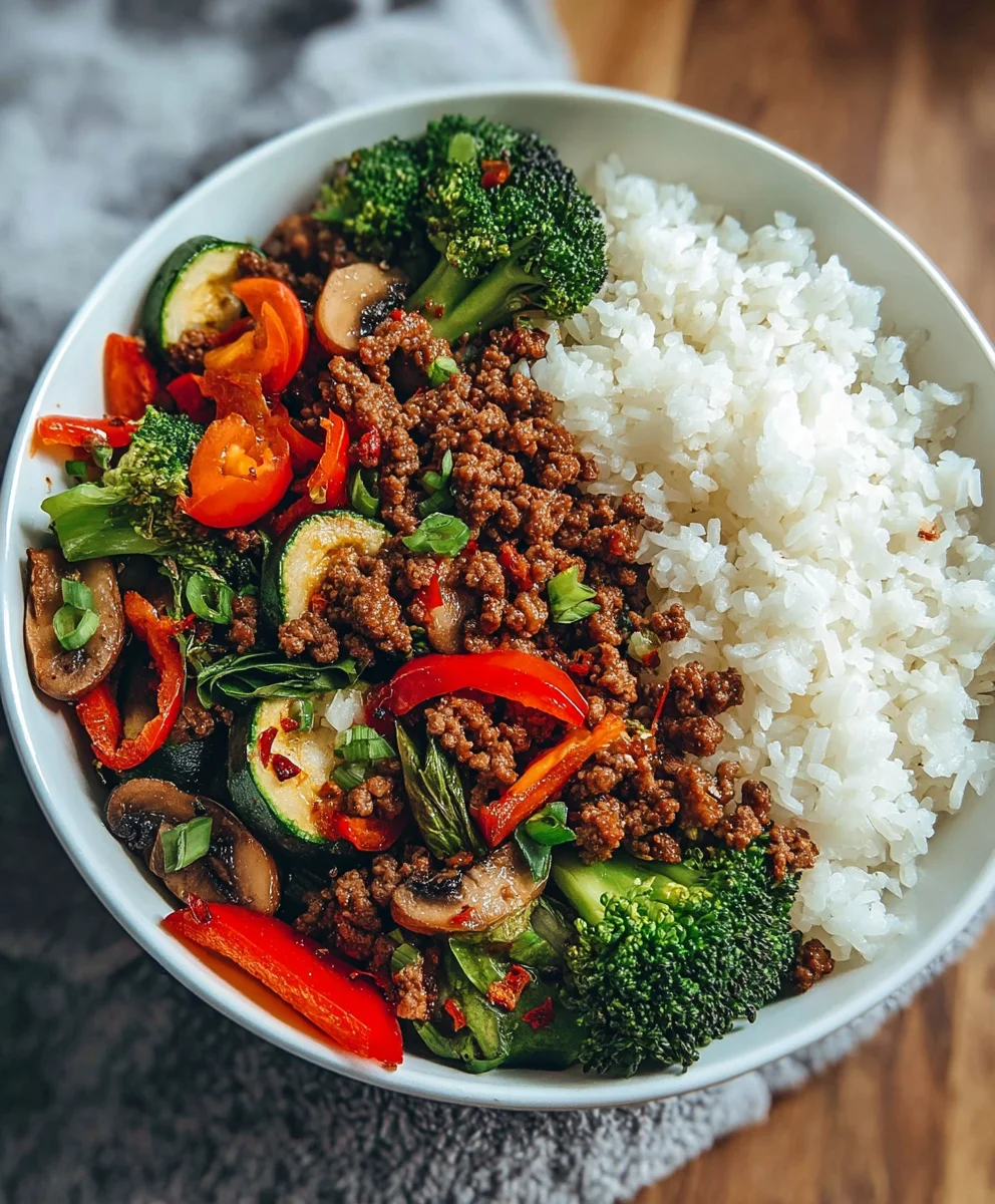 Boeuf Épicé aux Légumes Ail & Riz Vapeur