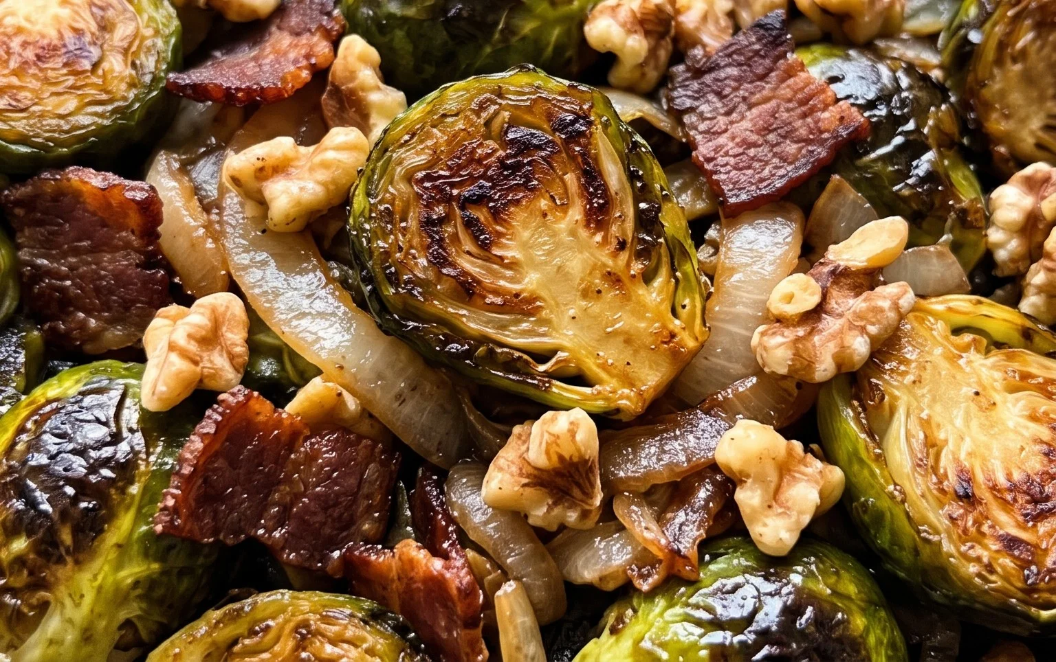 Sauteed Brussels Sprouts with Beef Bacon Onions and Walnuts