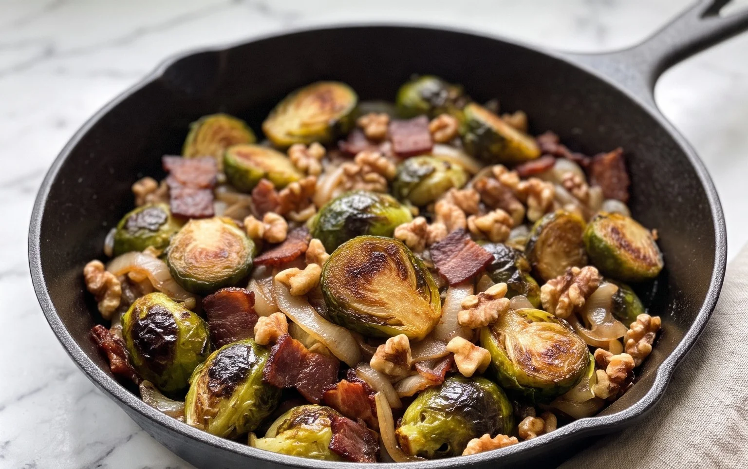 Choux de Bruxelles Sautés : Beef Bacon, Oignon & Noix